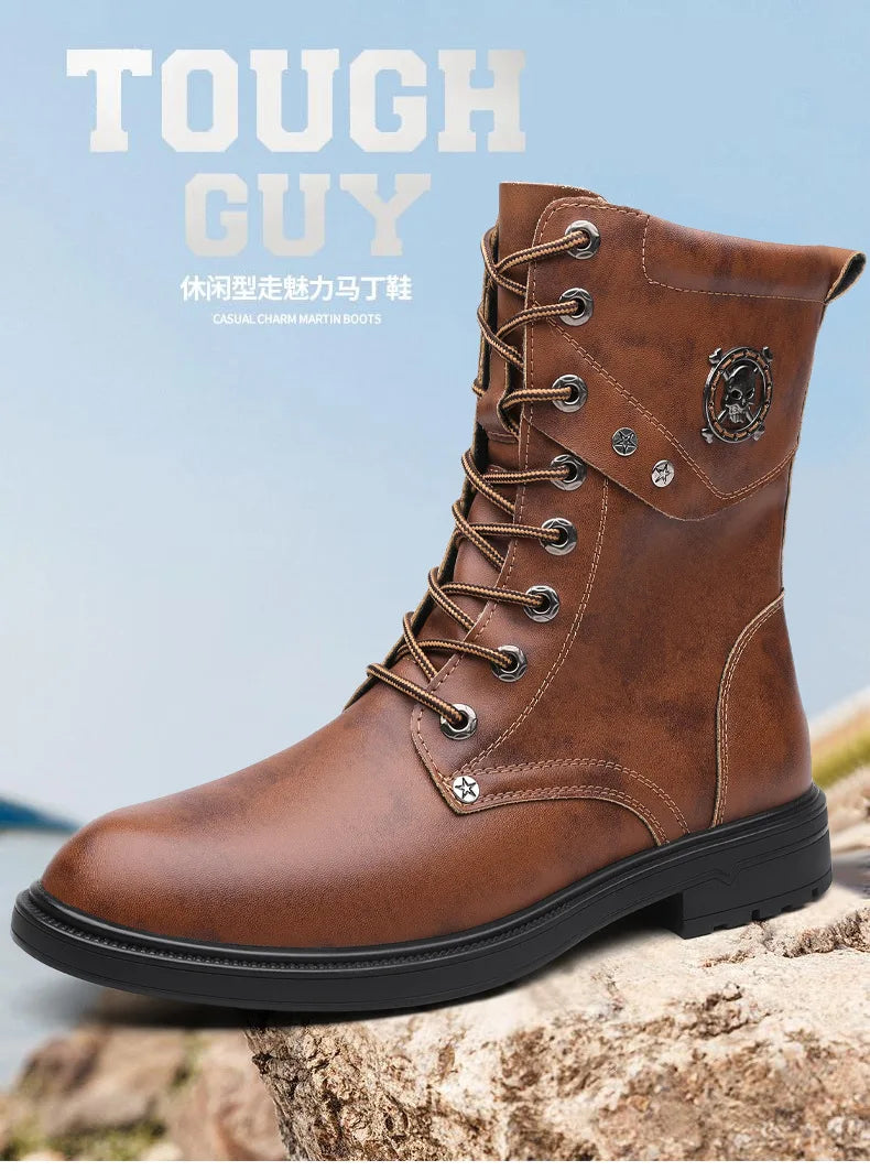 Botas tipo cuero para hombre y adolescente,  Plataforma Impermeable Cómodo Con cordones Resistente al uso Caña alta Botas de cuero para exteriores