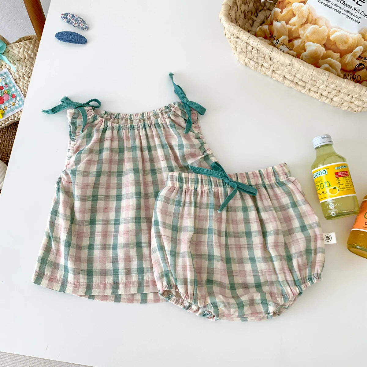 Summer Baby Girls Clothes Set Plaid Baby Suit Shirt with Short Pants 2pcs Baby Clothes 0-24 Months