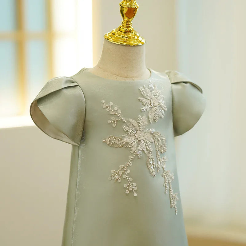 Vestido de seda de princesa para niña, ropa de bebé de 1 a 14 años, con encaje de flores y perlas, Vestido de fiesta para niña y chica adolescente, desfile, cumpleaños