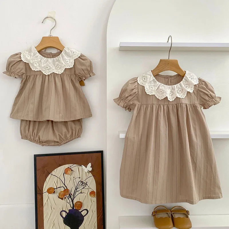 Vestido de verano para niñas de 2 a 6 años, de algodón con cuello de encaje, de princesa, Bombacho de verano para bebé