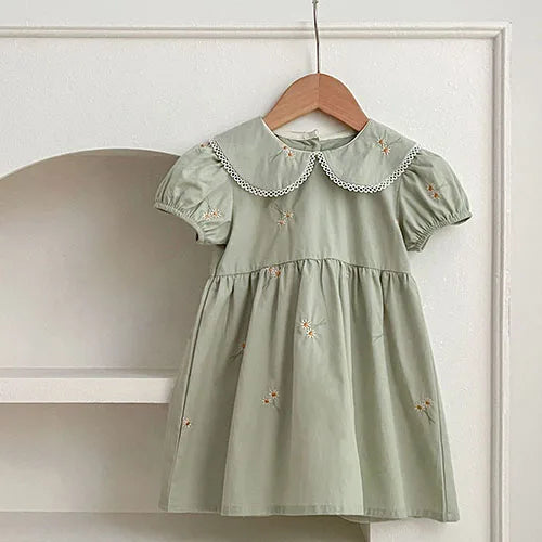 Vestidos de princesa de verano para niñas, de manga corta, de algodón, de color liso, amplio cuellos Peter Pan, para fiesta