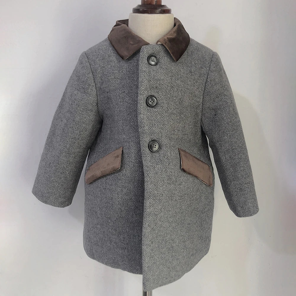 Abrigo de lana gris con estampado de espiga para niño, abrigo de invierno de boutique, Chaqueta acolchada cálida estilo británico