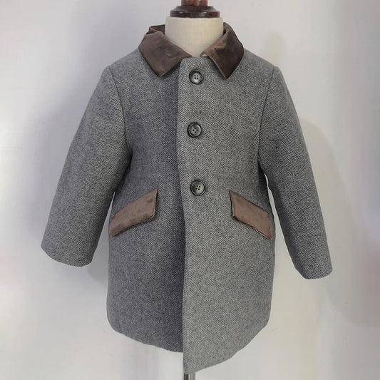 Abrigo de lana gris con estampado de espiga para niño, abrigo de invierno de boutique, Chaqueta acolchada cálida estilo británico