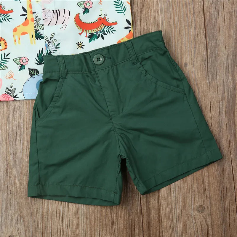 Conjunto de ropa para niños, camisa con diseño de mono y tigre, pantalones cortos verdes para verano