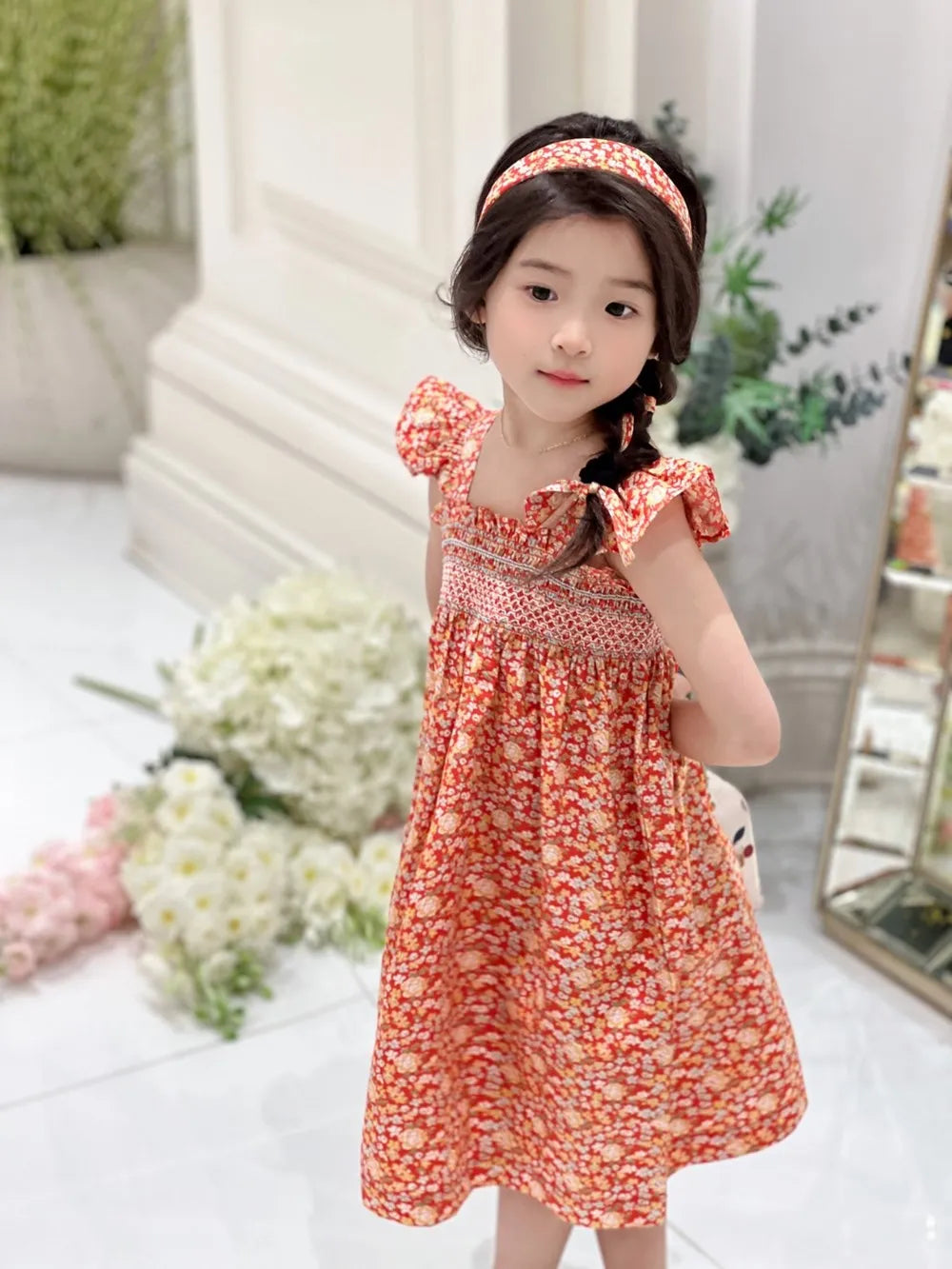 Sommerkjole til piger, piger tøj, blomsterkjoler, håndbroderet kjole med fransk -stil blomstermønster