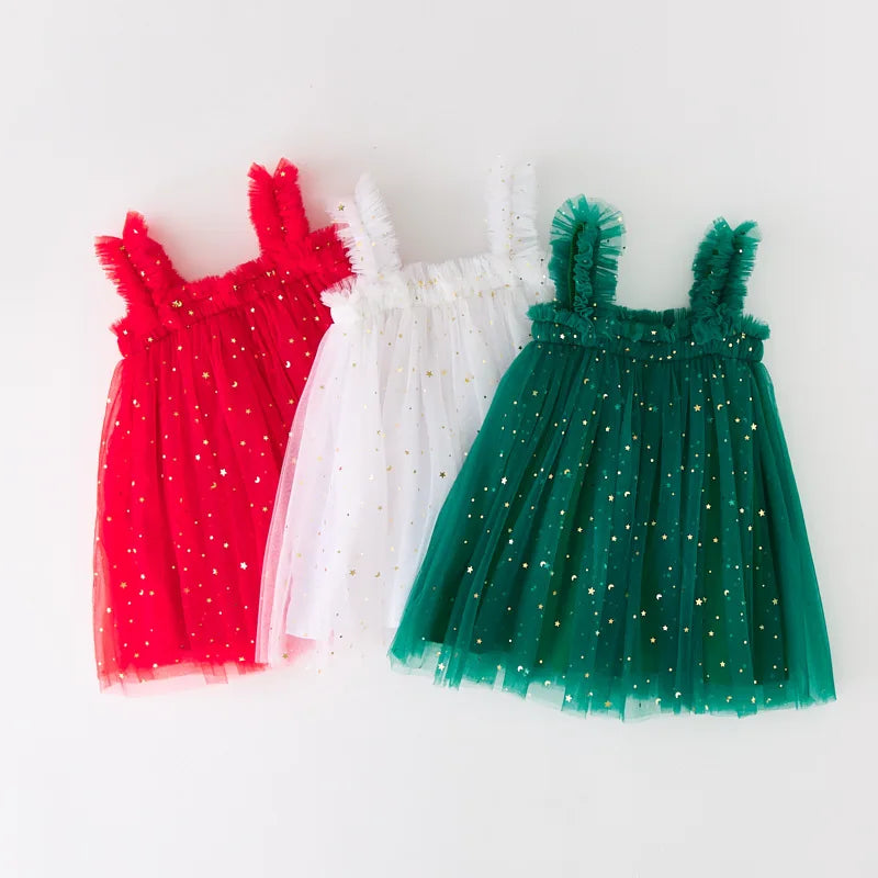 Lindo vestido de princesa de tul para niñas de Navidad, vestido de lentejuelas con estrellas para niñas pequeñas