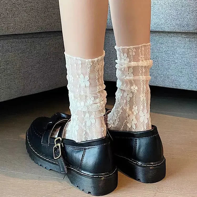 Calcetines finos transparentes para mujer y chica adolescente, calcetín de encaje Floral transparente transpirable