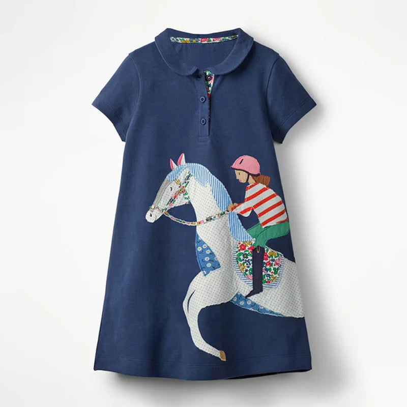 Encantador vestido de algodón para el verano para niñas con aplicación de caballo, para el verano