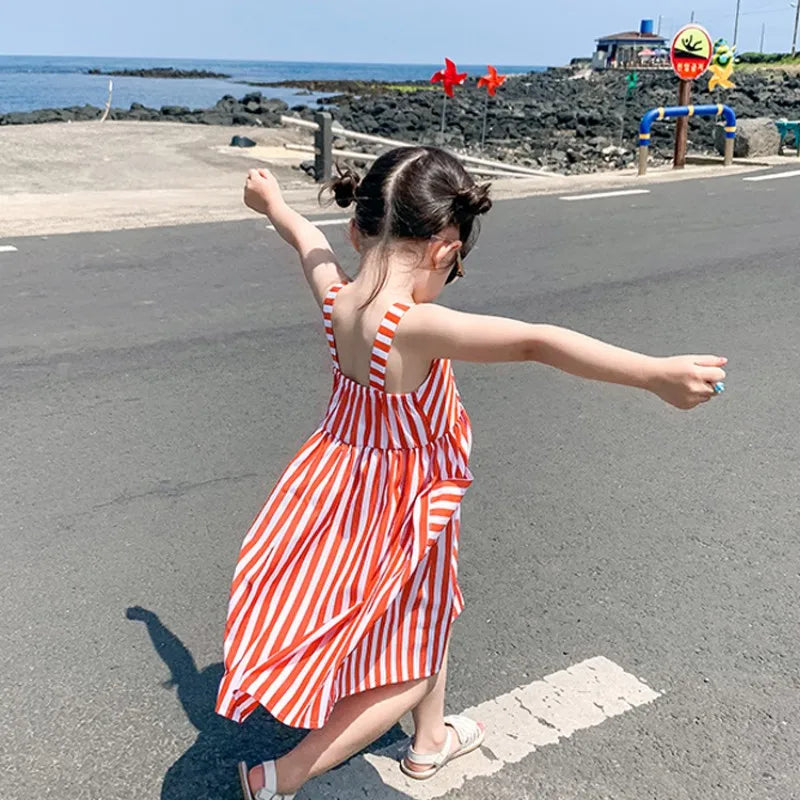 Lindo vestido sin mangas casual de algodón listado para la playa, especial para el verano para niñas