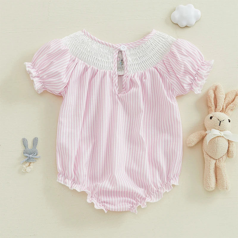 Newborn Baby Bunny Romper Puff Sleeve Smoky Striped Bubble Jumpsuit My First Easter Outfit Sommertøj