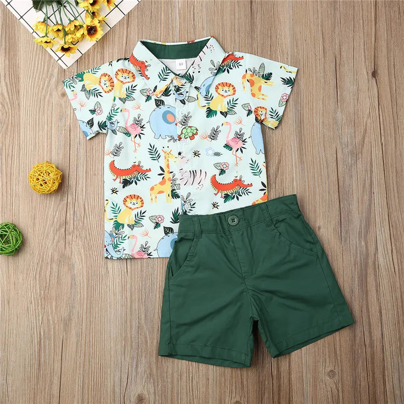 Conjunto de ropa para niños, camisa con diseño de mono y tigre, pantalones cortos verdes para verano