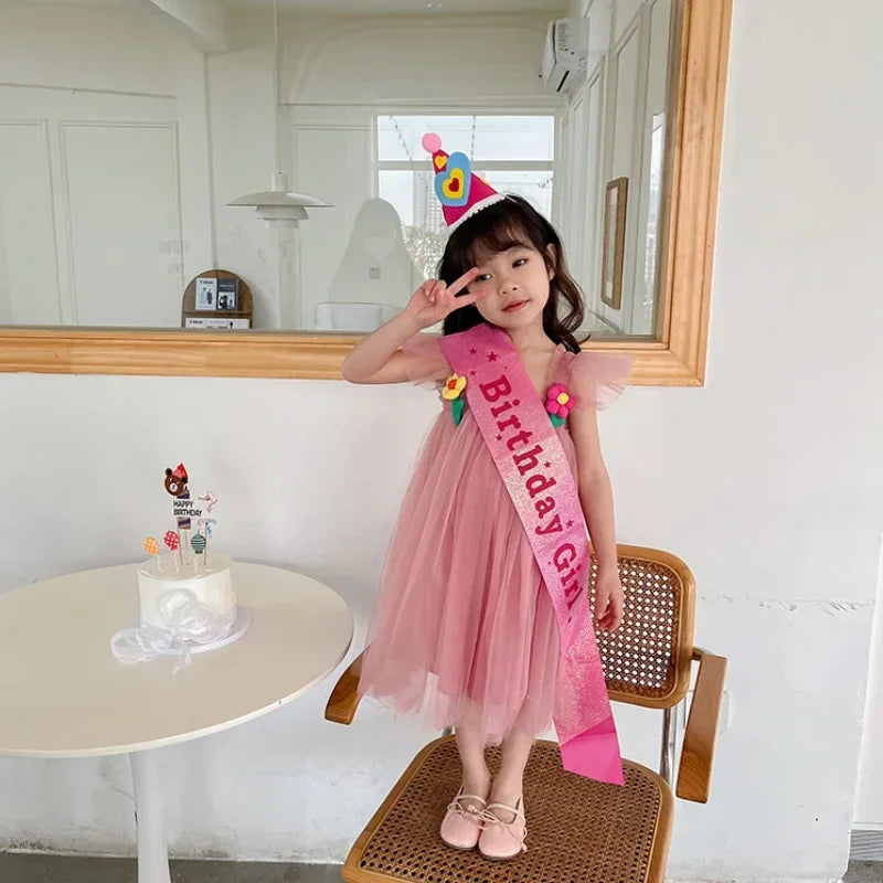 New Summer Girls Sweet Princess Dress T Sweet Princess Dress Pompous Dress Solid Color Flower Decoration(Girls 0-3 Years Old)