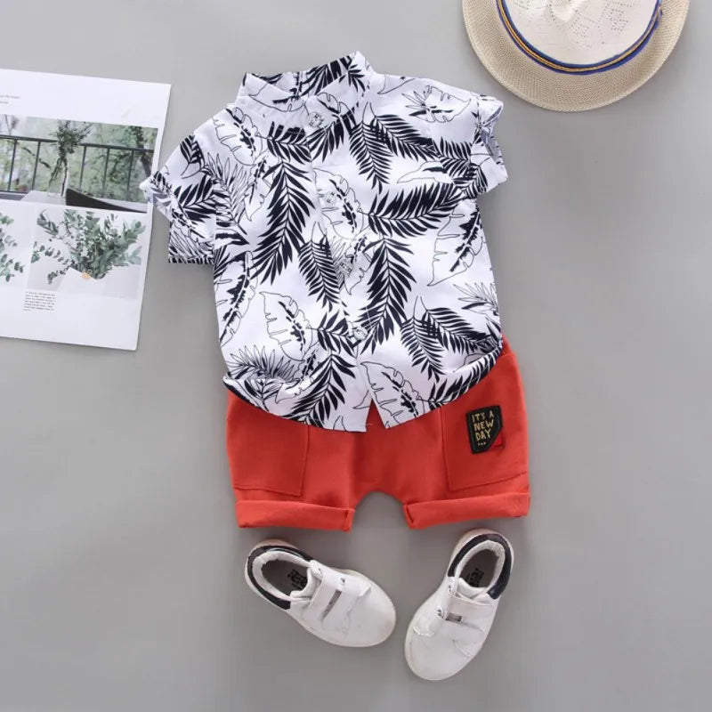 Conjunto de pantalones cortos para niño y camita con estampado de hojas, de manga corta, de verano para bebé