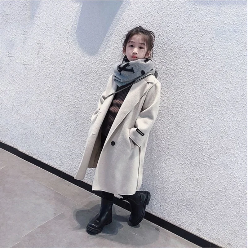 Girls Woolen Overcoat Jacket Autumn Winter New Solid Color Thick Warm Flip Collar Fashion Windbreak For 4-14Y Teen Kids Ooutwear