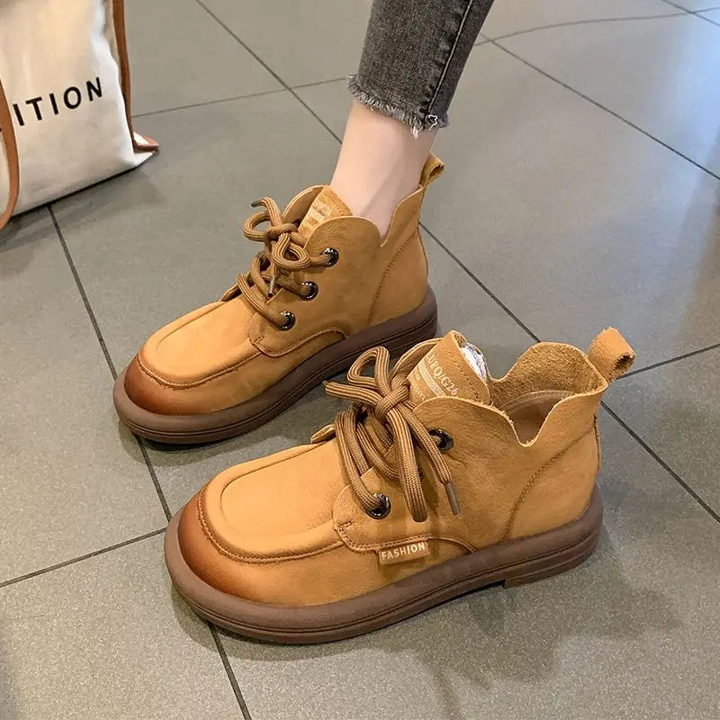 Bototos o botas cortas de cuero genuino para mujeres y adolescentes, estilo casual con cordones para mostrar tu propio estilo.