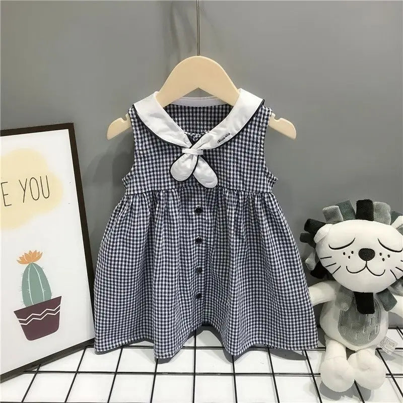 Conjunto de ropa de verano para hermanos estilo marinero sobre cuadros azules, niño y niña, Camisa en traje de dos piezas Vestido para niña