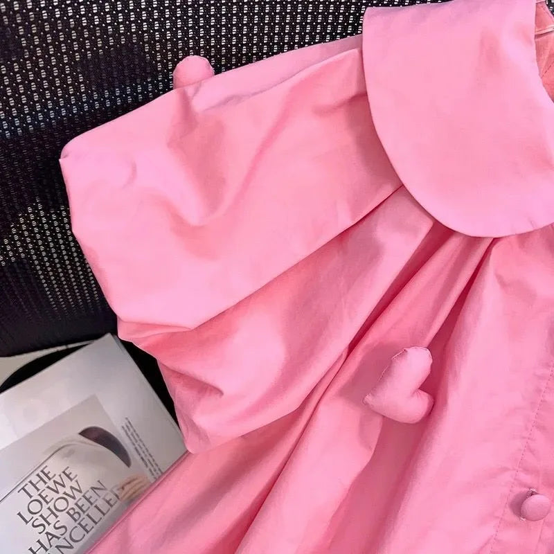 Vestido de verano para niñas de 2 a 10 años, bonito, con decoración de corazón y cuello abatible, vestido con hermosas mangas abullonadas para niña