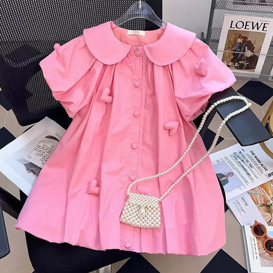 Vestido de verano para niñas de 2 a 10 años, bonito, con decoración de corazón y cuello abatible, vestido con hermosas mangas abullonadas para niña