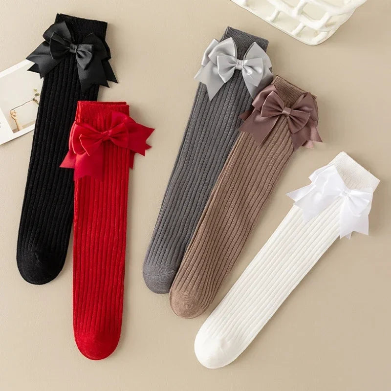 Calcetines largos con lazo para niñas, Calcetines de moda española de colores sólidos para niña, de primavera y otoño, estilo uniforme escolar