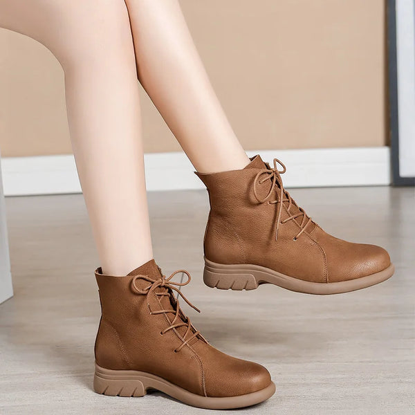 Leather Ankle Boots with Fleece Soft Soled Brown Bare Boots Women's Soft Frosted Round Toe Flat Boots Winter Leather Shoes, Cordero verde