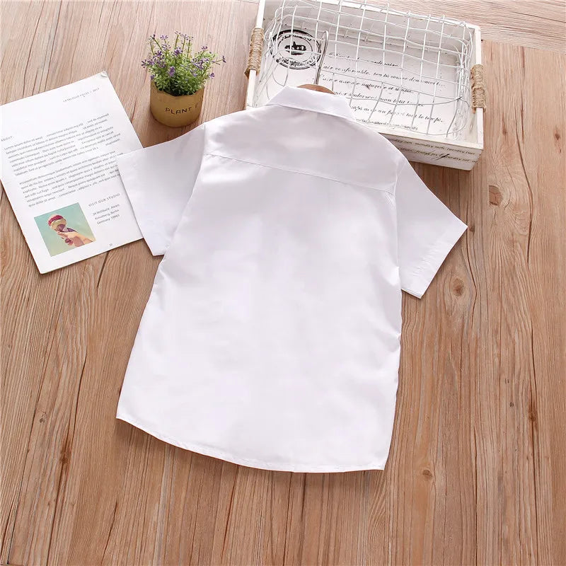 New Summer Boys Shirt Short Sleeve Button A Line Collar Simple White Shirt Light Pocket Decoration Casual