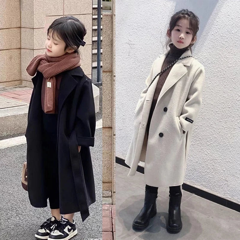 Girls Woolen Overcoat Jacket Autumn Winter New Solid Color Thick Warm Flip Collar Fashion Windbreak For 4-14Y Teen Kids Ooutwear
