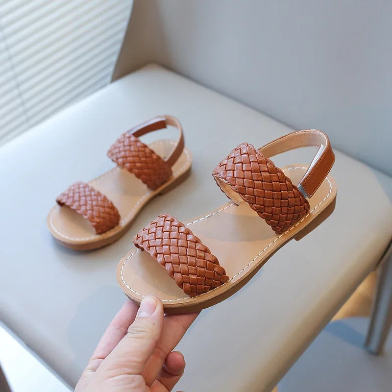 Kids Sandals for Girls 2024 Summer Girls Weave Design Sandals Children Beach Shoes Open Toes Flat Anti-skid Rubber Ankle Strap