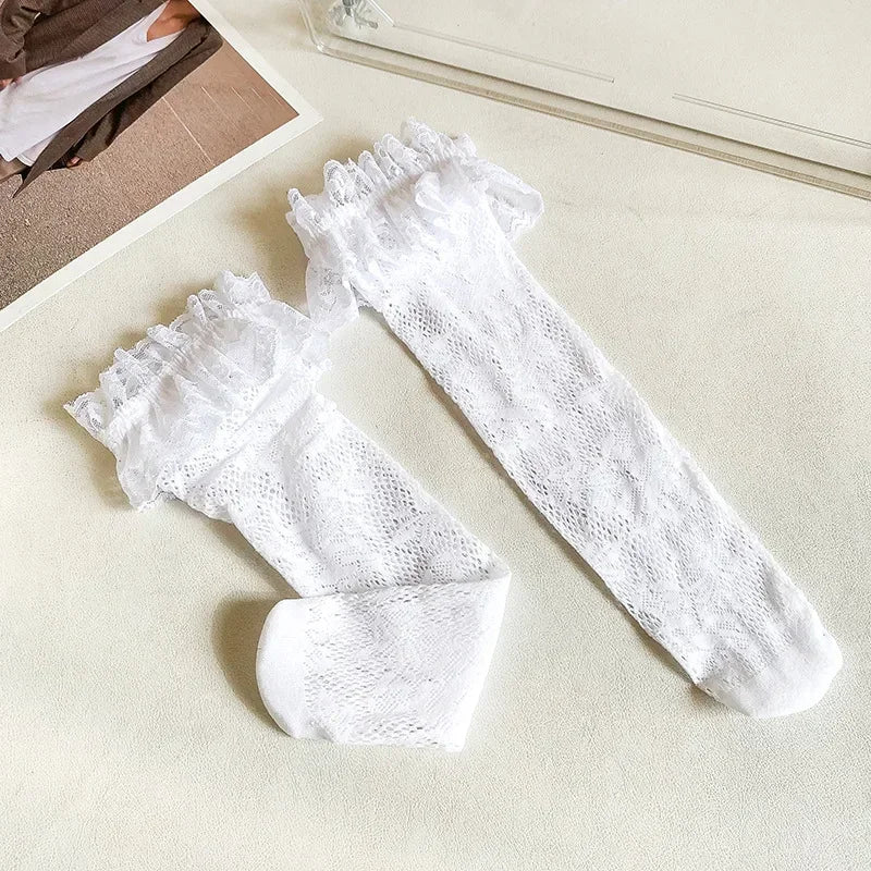 Medias con volantes de malla de encaje fino de verano, calcetines largos hasta la rodilla, blancos y negros ,con volantes para niñas y chicas adolescentes