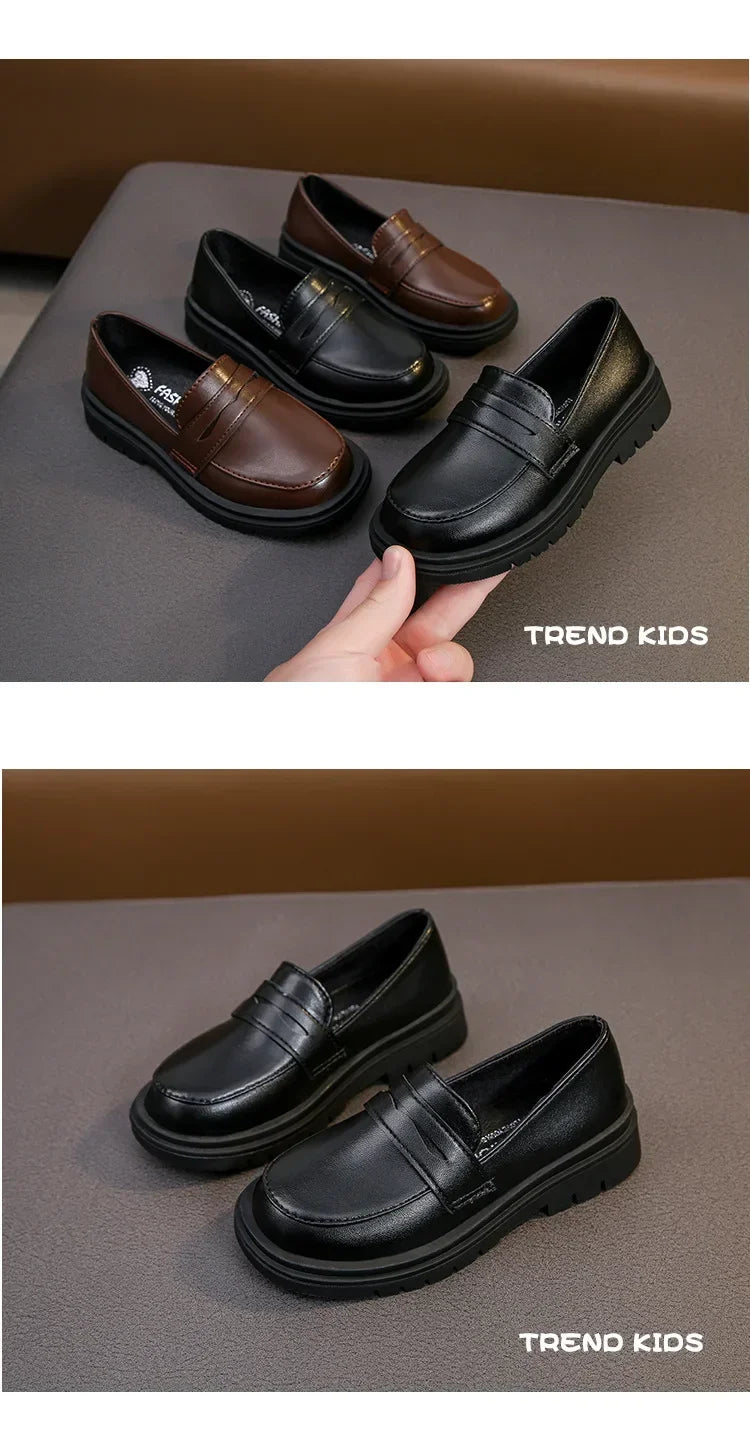 New 2024 Spring Autumn PU Leather Shoes Boys Girls Britain Style Black Brown Performance Shoes Children Slip-on Casual Loafers