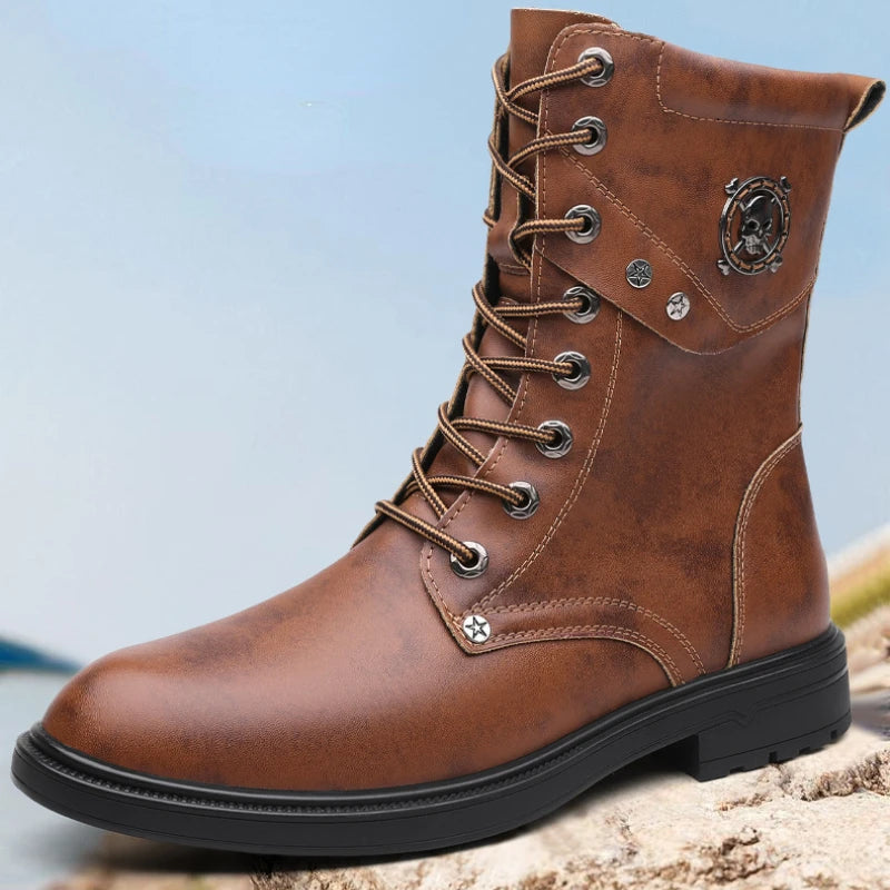 Botas tipo cuero para hombre y adolescente,  Plataforma Impermeable Cómodo Con cordones Resistente al uso Caña alta Botas de cuero para exteriores