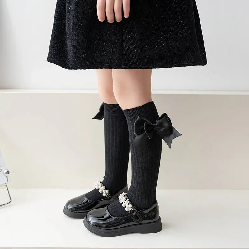 Calcetines largos con lazo para niñas, Calcetines de moda española de colores sólidos para niña, de primavera y otoño, estilo uniforme escolar