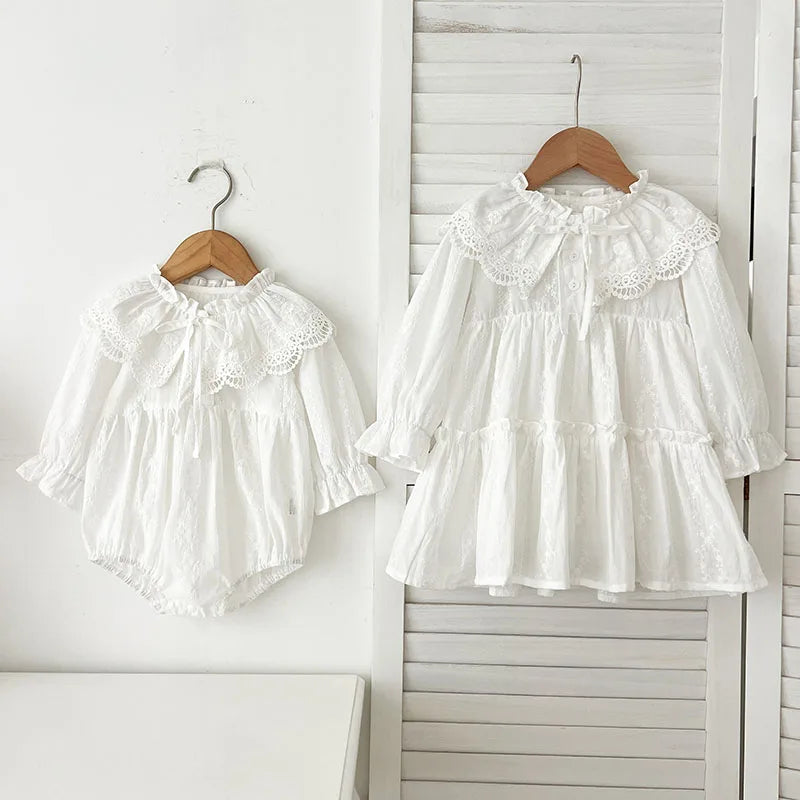 Vestido y mameluco de primavera y otoño para niñas de 3m a 6 años, con encaje bordado, Vestido de bautizo, Bombacho de bautizo para bebé niña, conjunto hermanas, vestido de princesa de manga larga