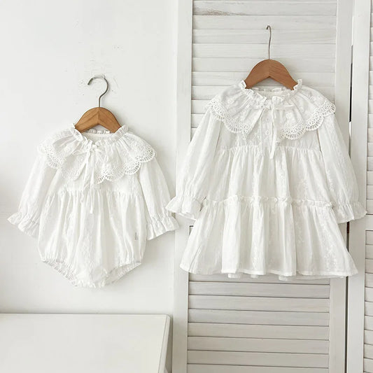 Vestido y mameluco de primavera y otoño para niñas de 3m a 6 años, con encaje bordado, Vestido de bautizo, Bombacho de bautizo para bebé niña, conjunto hermanas, vestido de princesa de manga larga