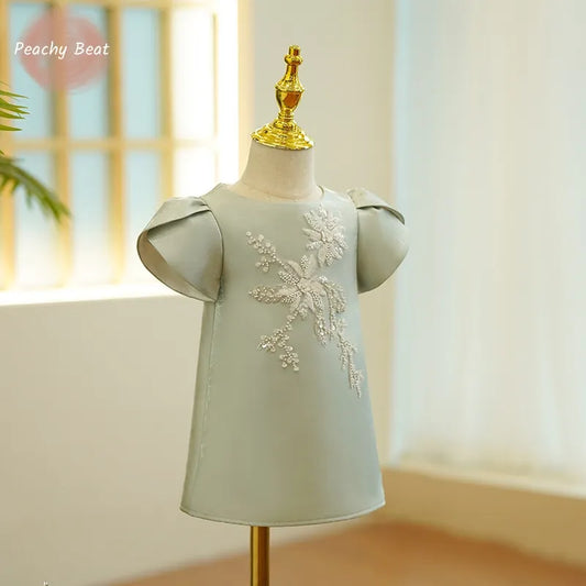 Vestido de seda de princesa para niña, ropa de bebé de 1 a 14 años, con encaje de flores y perlas, Vestido de fiesta para niña y chica adolescente, desfile, cumpleaños