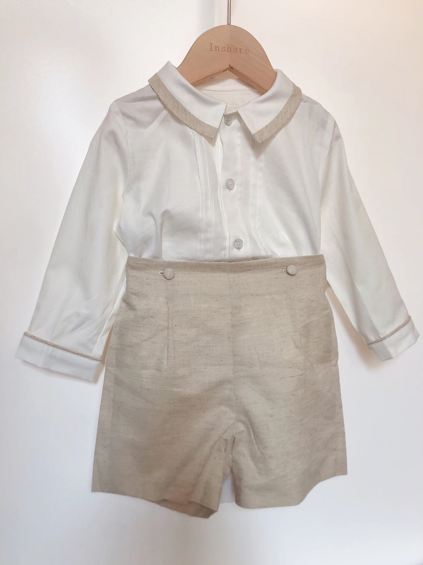 Conjunto de 2 piezas de ropa de boutique para niños, traje español de algodón y lino color caqui de manga larga, traje de bautizo y pajecito para niño
