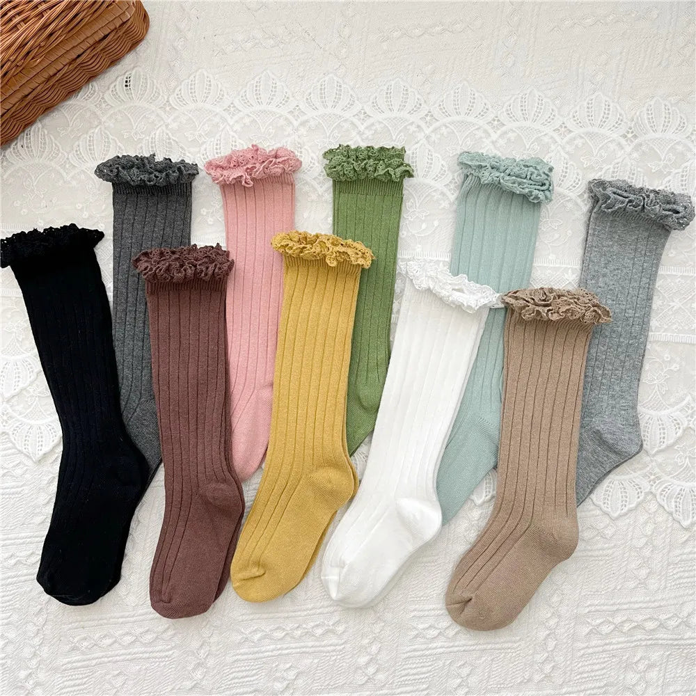 Ruffle Kids Knee High Socks Baby Girls Toddlers Long Soft Cotton Sock Lace Flower Children School Uniform Socks For 0-8 Years