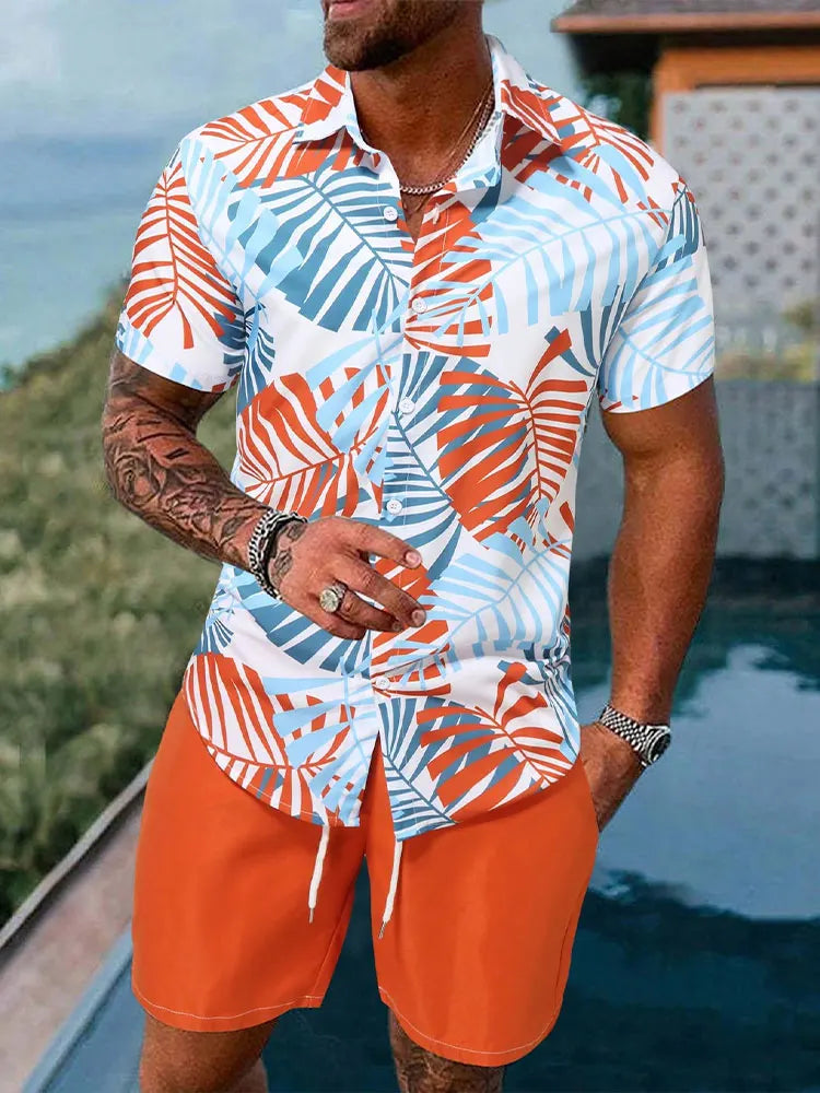 Tú, teenager! mira este impactante conjunto de camisa de manga corta y pantalones cortos deportivos de verano, camisa casual con estampado de hojas de palma para adolescente y hombre, pantalones cortos de playa