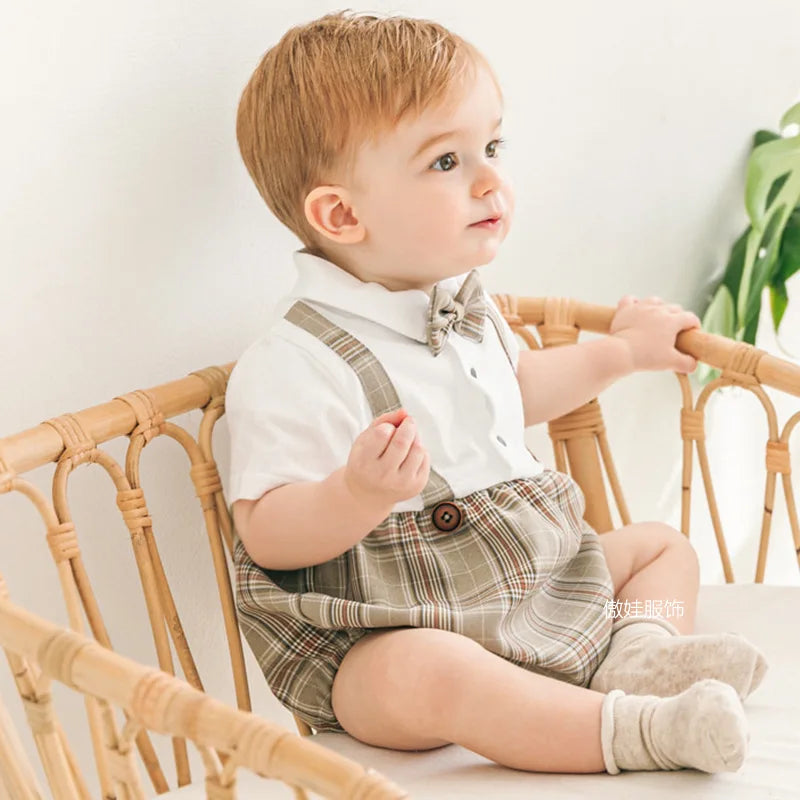 Bombacho de verano moda española para bebés, mono de manga corta, a cuadros para niños, niñas y recién nacidos