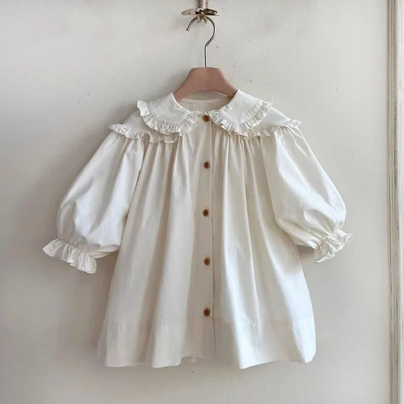 Lindo vestido estilo coreano de primavera y otoño para niña, vestido holgado con mangas abullonadas y cuello Peter Pan con volantes para bebé y niña