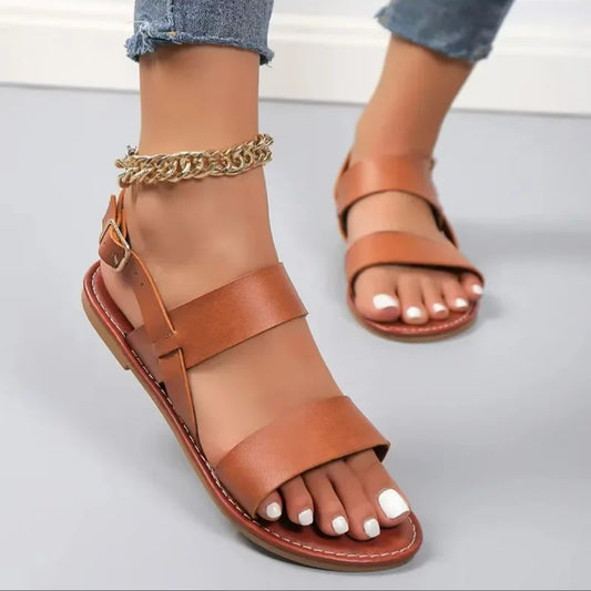 New Women Flat Sandals Leather Cross Strap Rome Style High Quality Summer Ladies Shoes  Buckle Strap Zapatos De Mujer