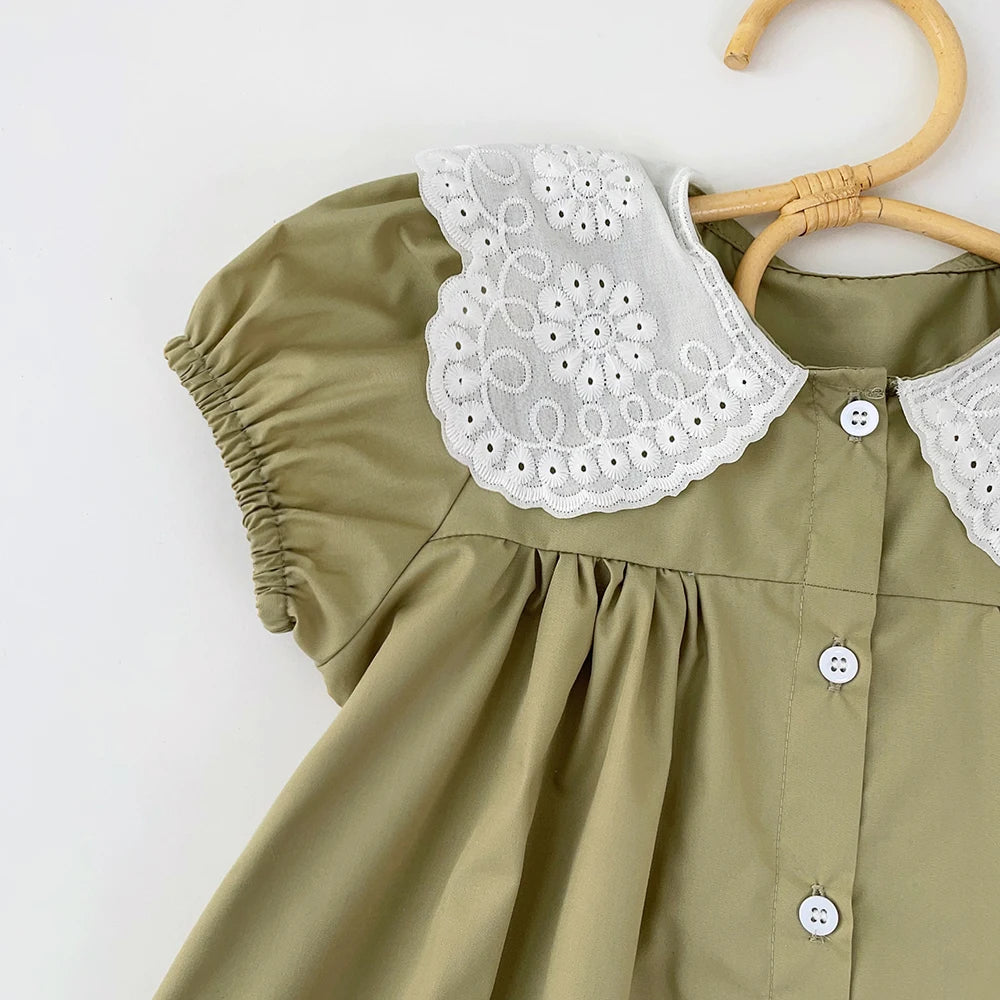 Vestido de verano para niñas, cuello de encaje, mangas abullonadas, elegante, para bebés, vestidos de princesa para cumpleaños, ropa para niños