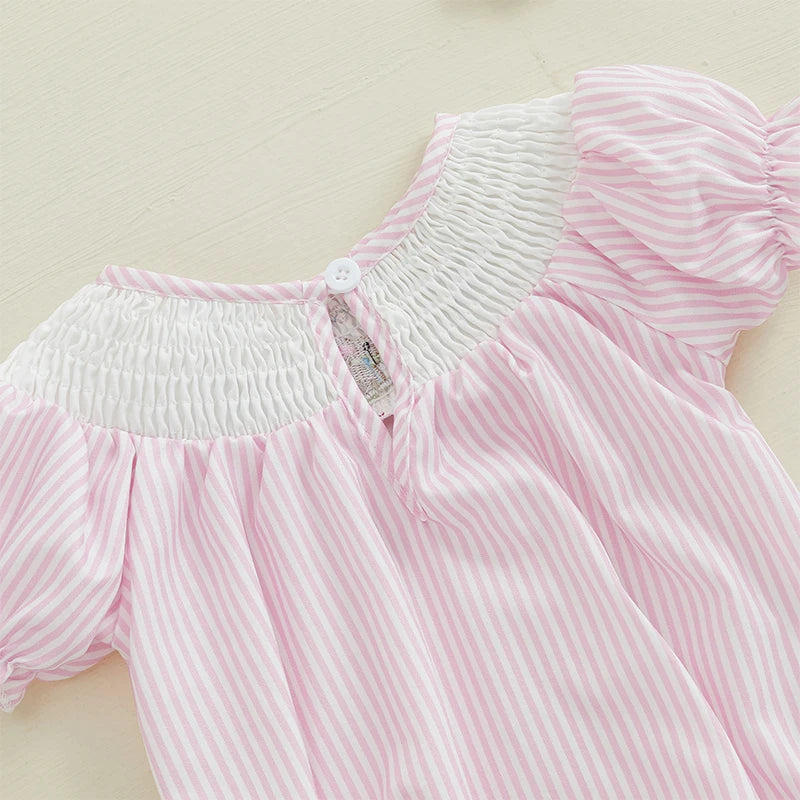 Newborn Baby Bunny Romper Puff Sleeve Smoky Striped Bubble Jumpsuit My First Easter Outfit Sommertøj