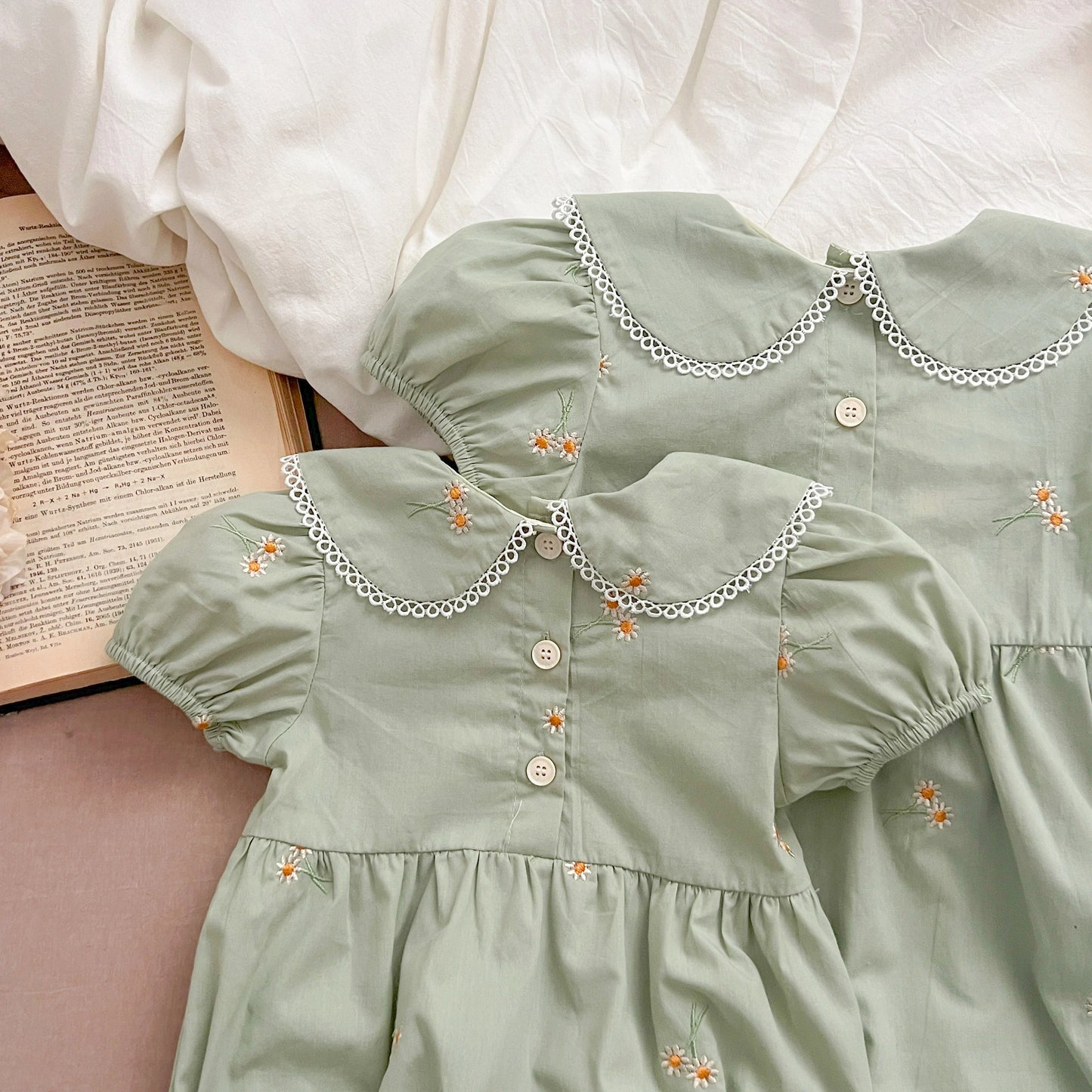 Sister Baby Girl Party Dress Summer Short Sleeved Cotton Embroidered Flowers Sister Dress Baby Girl Romper Kids Princess Dresses