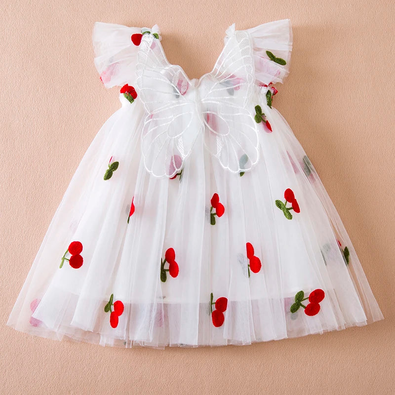 Summer New Girls' Little Flying Sleeve Dress Children's Bow Strawberry Embroidery Mesh Princess Dress Baby Girl Dress for 1-5Yrs