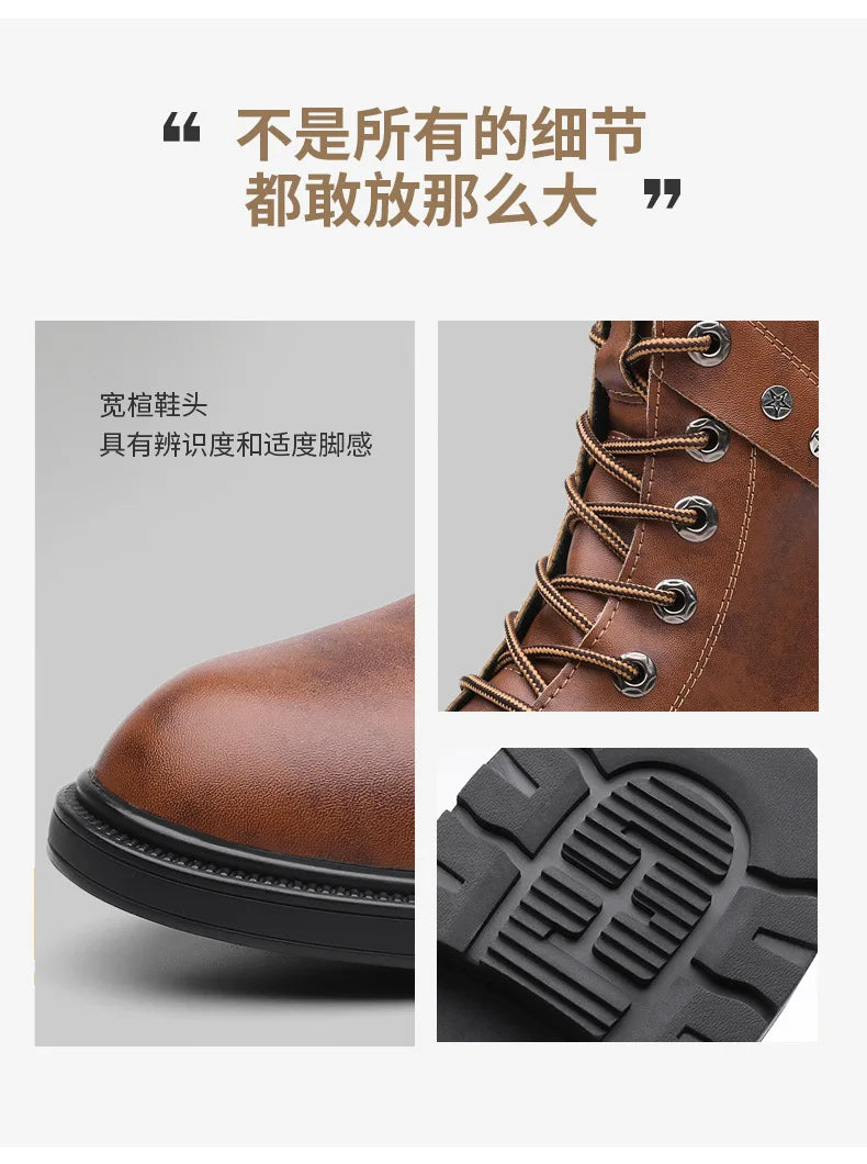 Botas tipo cuero para hombre y adolescente,  Plataforma Impermeable Cómodo Con cordones Resistente al uso Caña alta Botas de cuero para exteriores