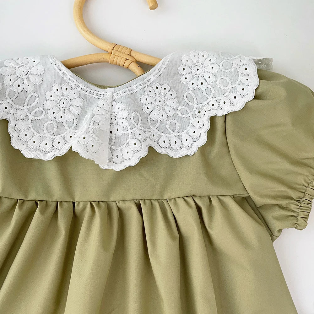 Vestido de verano para niñas, cuello de encaje, mangas abullonadas, elegante, para bebés, vestidos de princesa para cumpleaños, ropa para niños