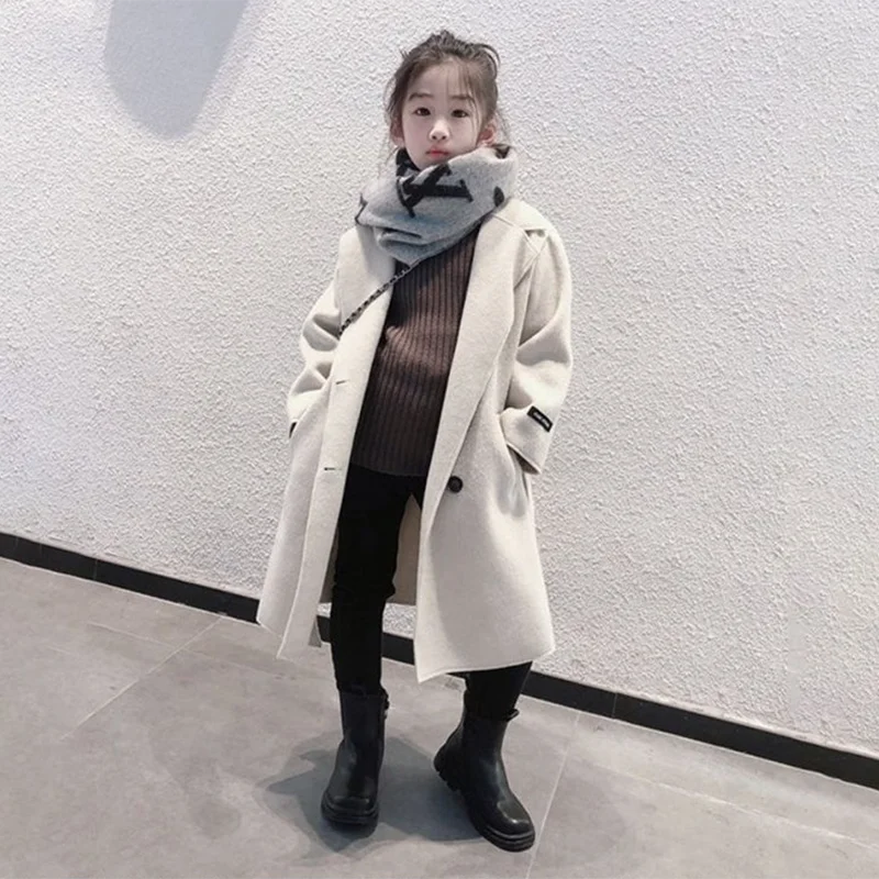 Girls Woolen Overcoat Jacket Autumn Winter New Solid Color Thick Warm Flip Collar Fashion Windbreak For 4-14Y Teen Kids Ooutwear