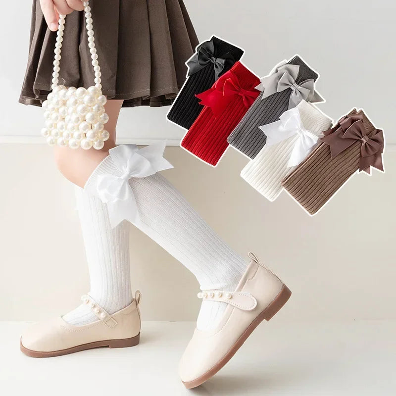 Calcetines largos con lazo para niñas, Calcetines de moda española de colores sólidos para niña, de primavera y otoño, estilo uniforme escolar