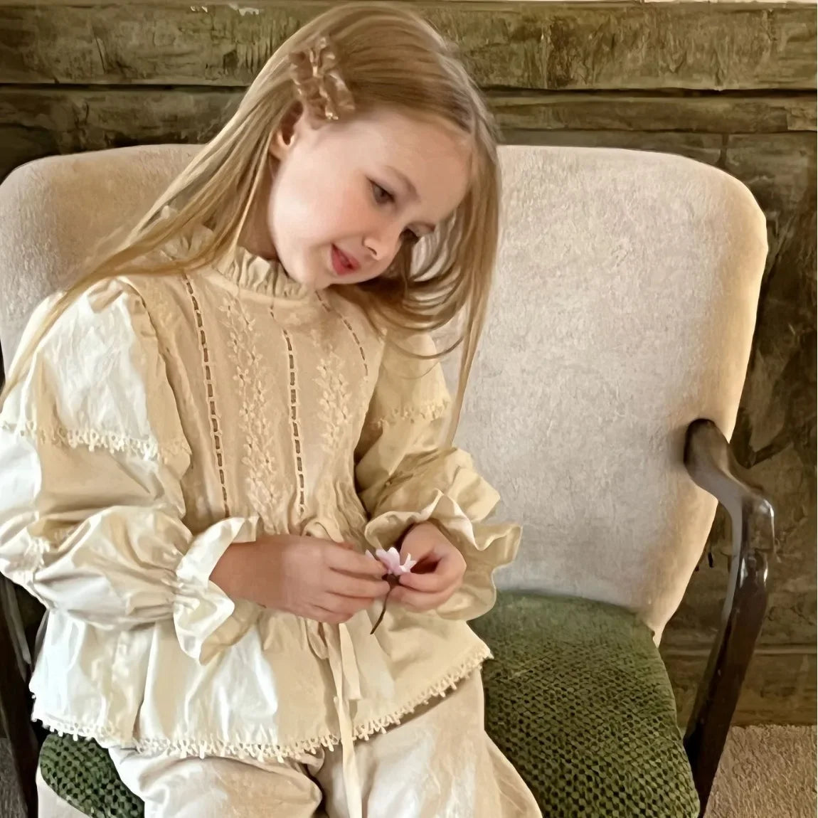 Coqueto Pijama vintage para niñas, blusa bordada de princesa de manga larga para niñas