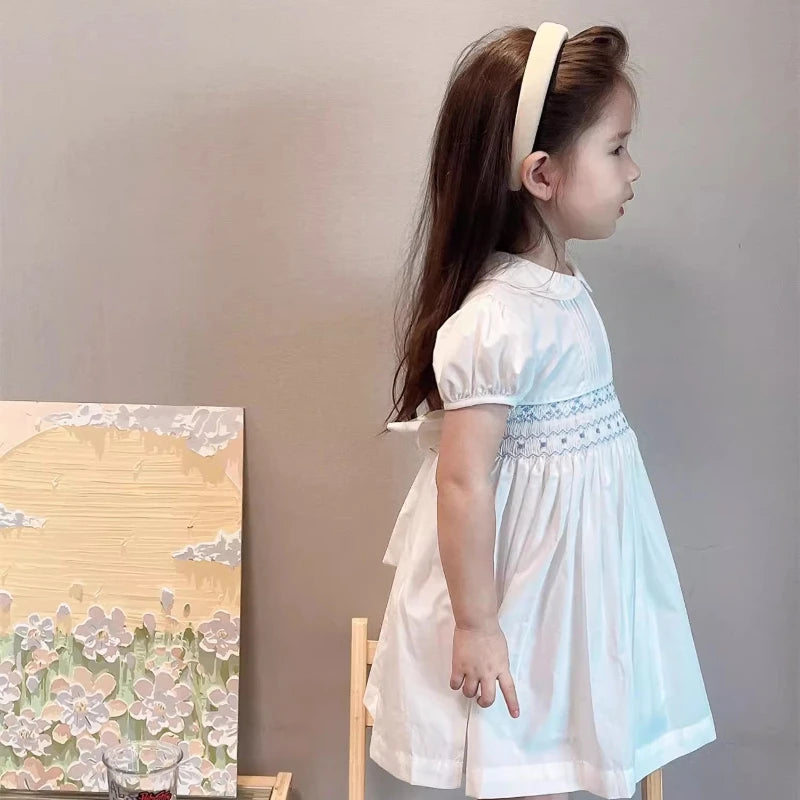 Vestido blanco de verano para niñas estilo español bordado punto smock hecho a mano, con bombacho a juego, para cumpleaños, fiesta y bautizo